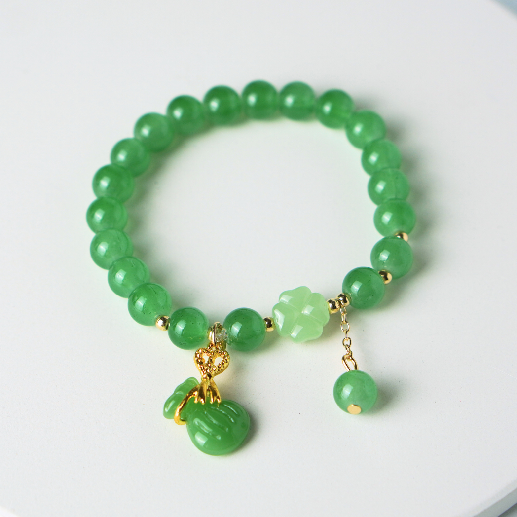 Chinese Jade Charm Bracelet (Money bag & Clover Leaf)