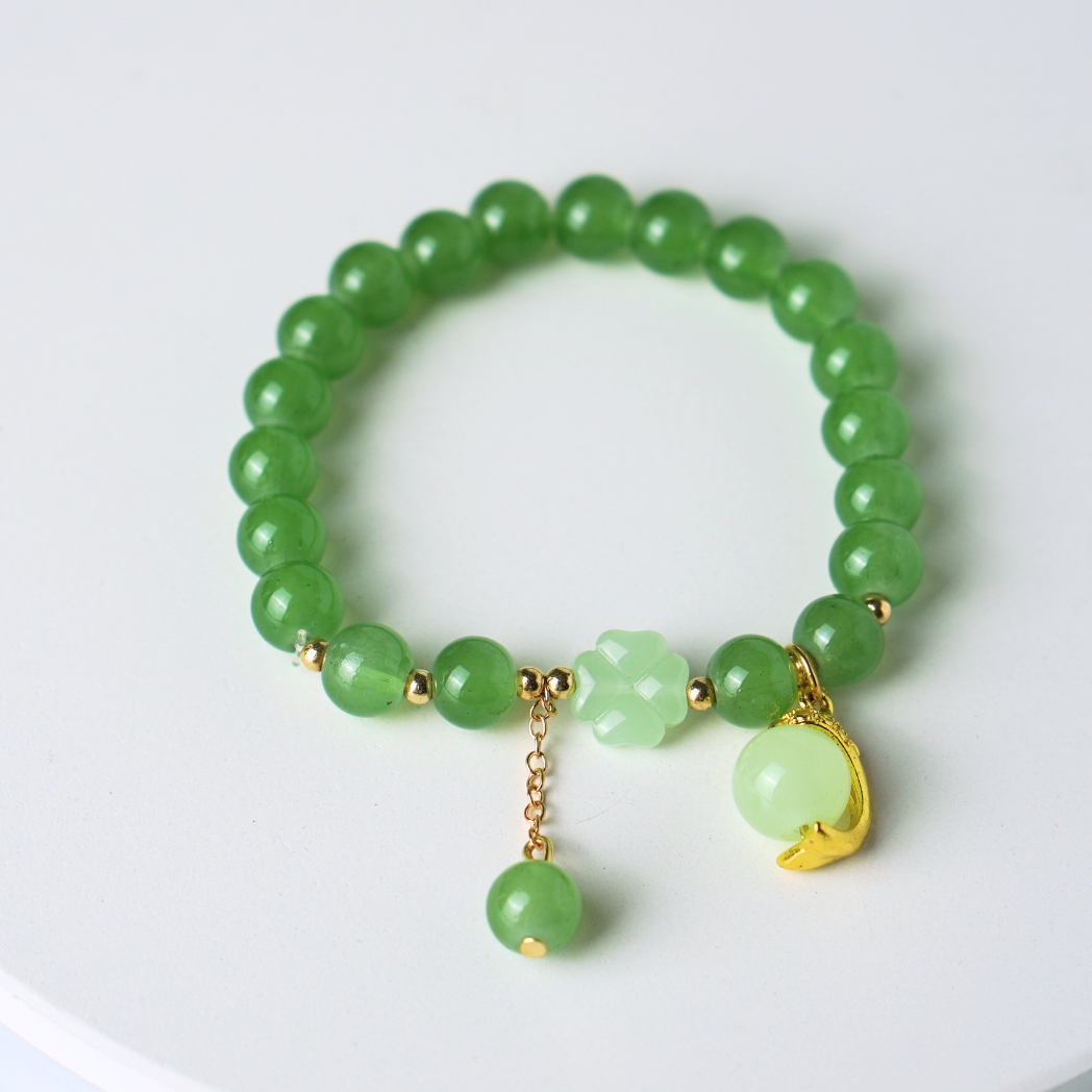 Chinese Jade Charm Bracelet (Half Moon & Clover)